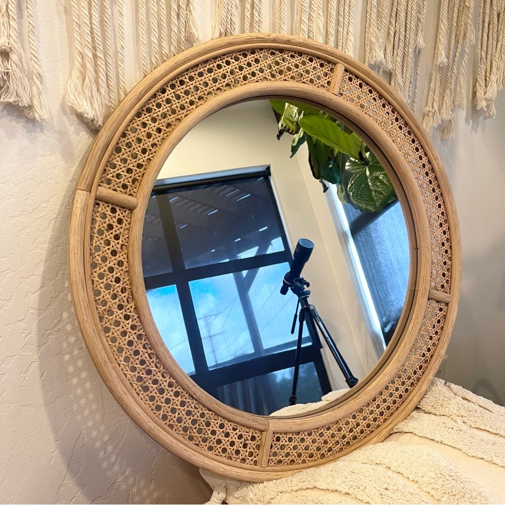 NEW West Elm Large Round Mirror Wicker Rattan Boho Wall Hanging Decor - 24” Diam - Picture 6 of 9